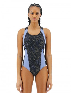 Black / Blue Tyr Durafast Elite® Max Splice Controlfit Carbon Hex Women's Swimsuit | US-FKIN03527