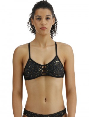 Black / Gold Tyr Durafast Elite® Pacific Tieback Top Obsidian Women's Swimsuit | US-COHD81057