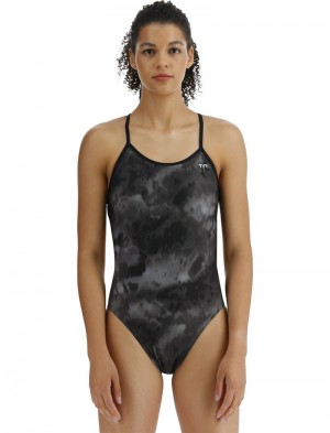 Black / Grey Tyr Durafast Elite® Crosscut Tieback Turbulent Women's Swimsuit | US-DOAN62039