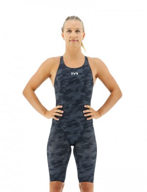 Black / Grey Tyr Thresher® Camo Open Back U12 Compliant Women's Swimsuit | US-USAO04571