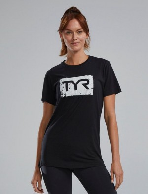 Black / White Tyr Ultrasoft™ Short Sleeve Graphic Distressed Women's T-Shirt | US-INSJ49387