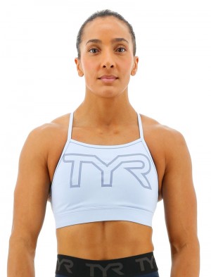 Light Blue Tyr Base Kinetic™ High Neck Big Logo Women's Sports Bra | US-OCQX75123