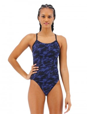 Navy Tyr Durafast Elite® Cutoutfit Camo Women's Swimsuit | US-ZVJY36752