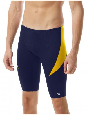 Navy / Yellow Tyr Durafast Elite® Curve Splice Jammer Hexa Men's Swimsuit | US-XQTM61357