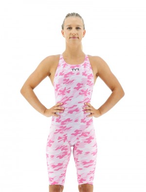 Pink / White Tyr Thresher® Camo Open Back U12 Compliant Women's Swimsuit | US-DKOA34951