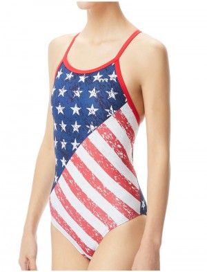 Red / Blue / White Tyr Durafast One® Diamondfit Star Spangled Women's Swimsuit | US-IOKX29410