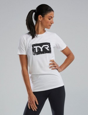 White / Black Tyr Ultrasoft™ Short Sleeve Graphic Distressed Women's T-Shirt | US-ELQS32650