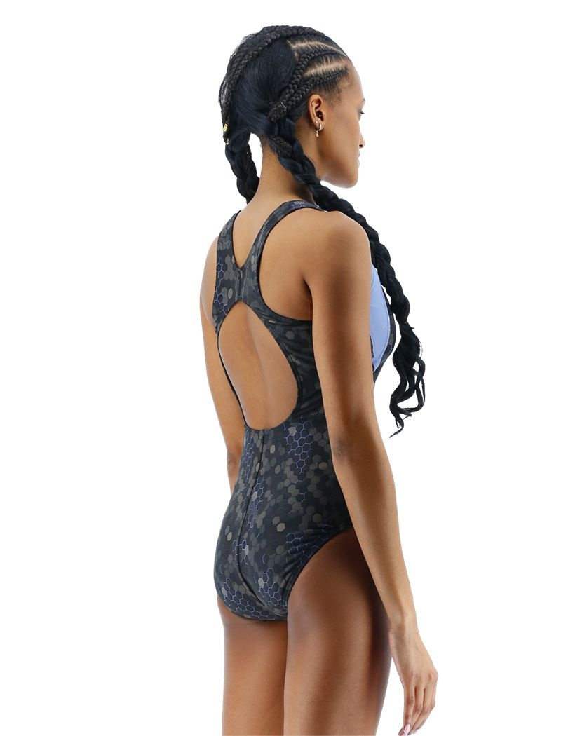 Black / Blue Tyr Durafast Elite® Max Splice Controlfit Carbon Hex Women's Swimsuit | US-FKIN03527