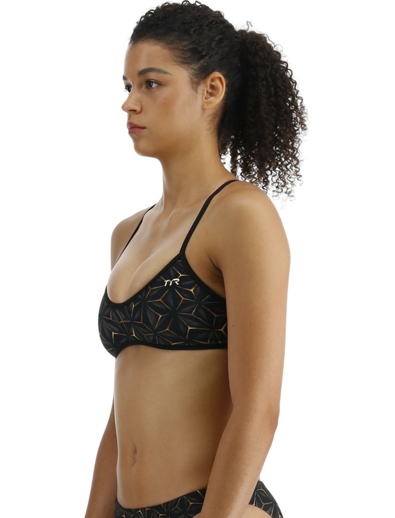 Black / Gold Tyr Durafast Elite® Trinity Obsidian Women's Swim Bra | US-QSLP19743