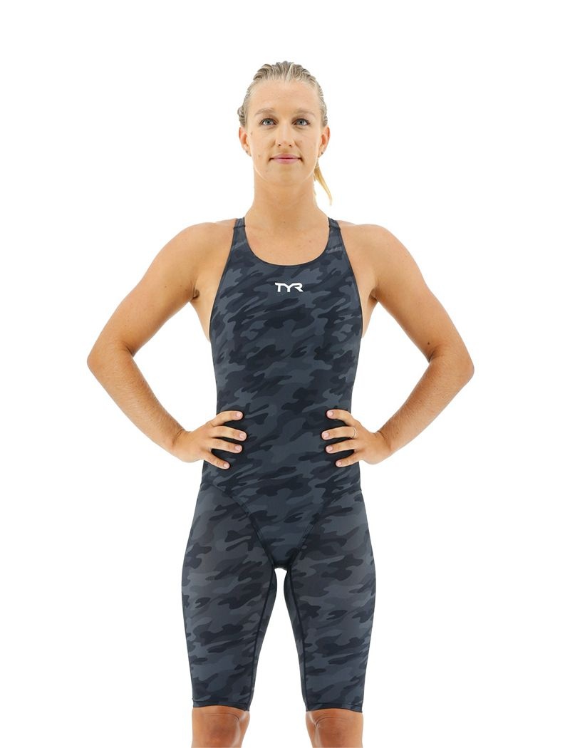 Black / Grey Tyr Thresher® Camo Open Back U12 Compliant Women\'s Swimsuit | US-USAO04571