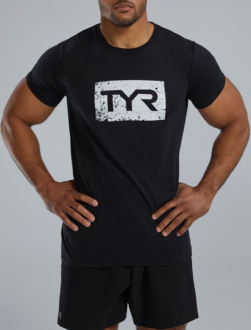 Black / White Tyr Ultrasoft™ Short Sleeve Graphic Distressed Men's T-Shirt | US-KOEV73189