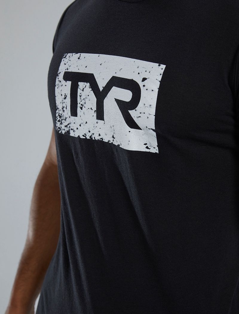 Black / White Tyr Ultrasoft™ Short Sleeve Graphic Distressed Men's T-Shirt | US-KOEV73189