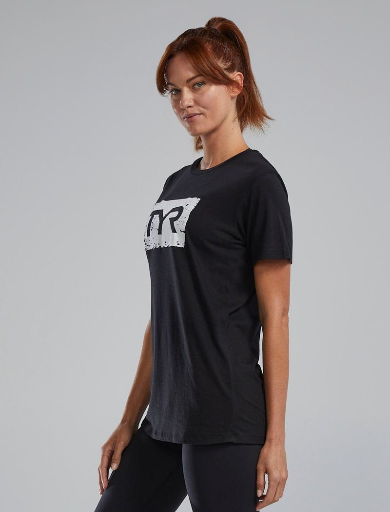 Black / White Tyr Ultrasoft™ Short Sleeve Graphic Distressed Women's T-Shirt | US-INSJ49387