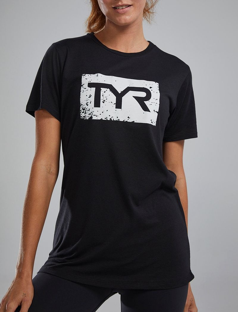 Black / White Tyr Ultrasoft™ Short Sleeve Graphic Distressed Women's T-Shirt | US-INSJ49387