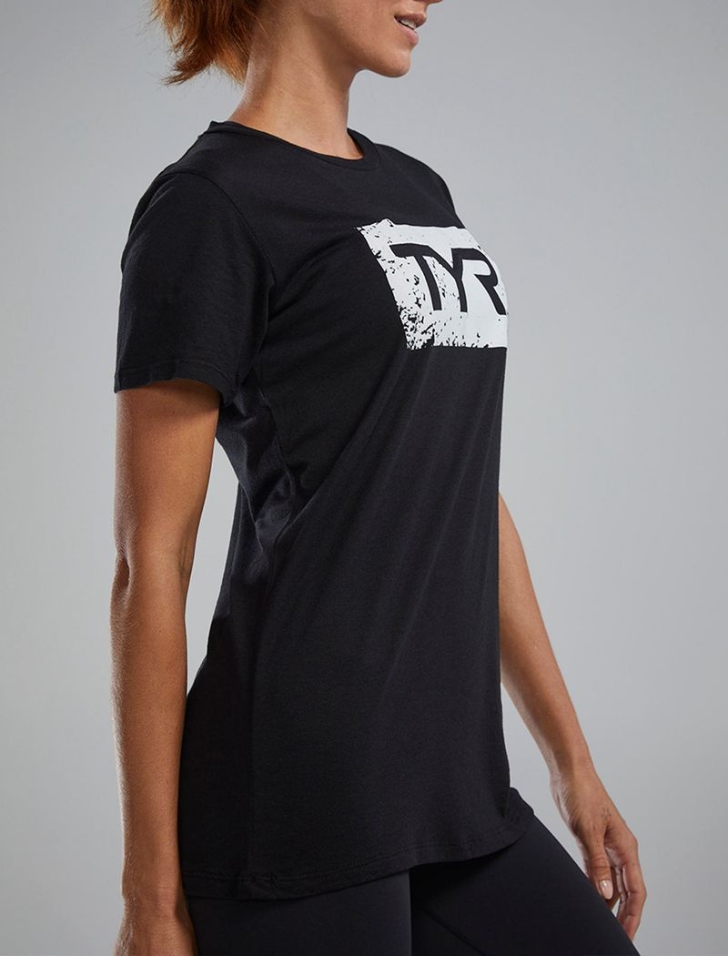 Black / White Tyr Ultrasoft™ Short Sleeve Graphic Distressed Women's T-Shirt | US-INSJ49387