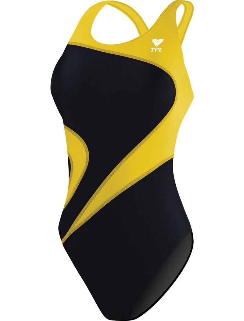 Black / Yellow Tyr Tyreco™ Maxfit T-splice Women's Swimsuit | US-XZQT54379