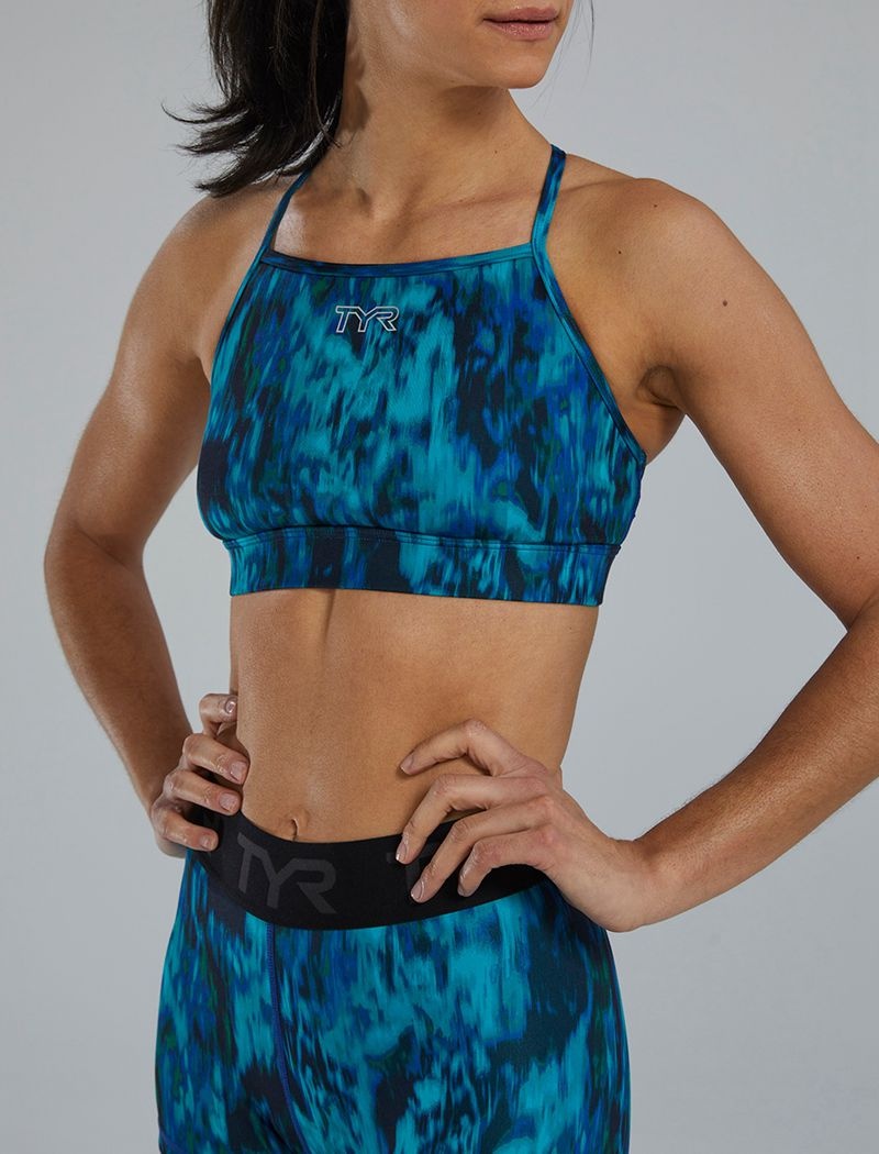 Blue / Green Tyr Base Kinetic™ High Neck Women's Sports Bra | US-BWUL03645