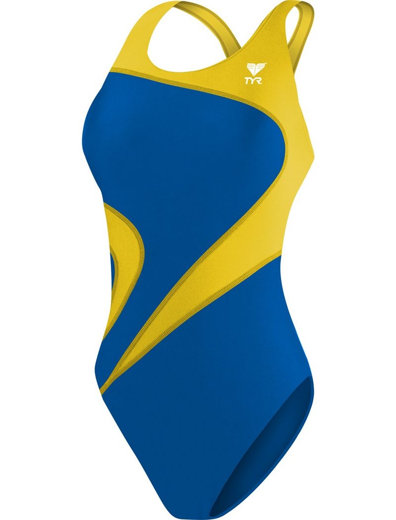 Blue / Yellow Tyr Tyreco™ Maxfit T-splice Women's Swimsuit | US-YKWX03957