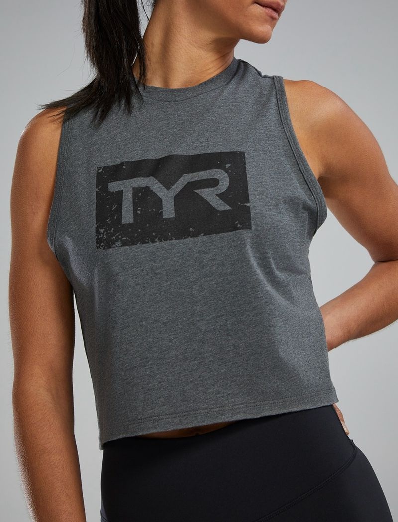 Grey / Black Tyr Ultrasoft™ Graphic Crop Distressed Women's Tanks | US-ISMW64250