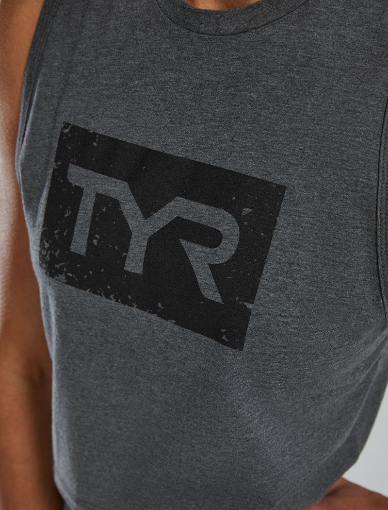 Grey / Black Tyr Ultrasoft™ Graphic Crop Distressed Women's Tanks | US-ISMW64250