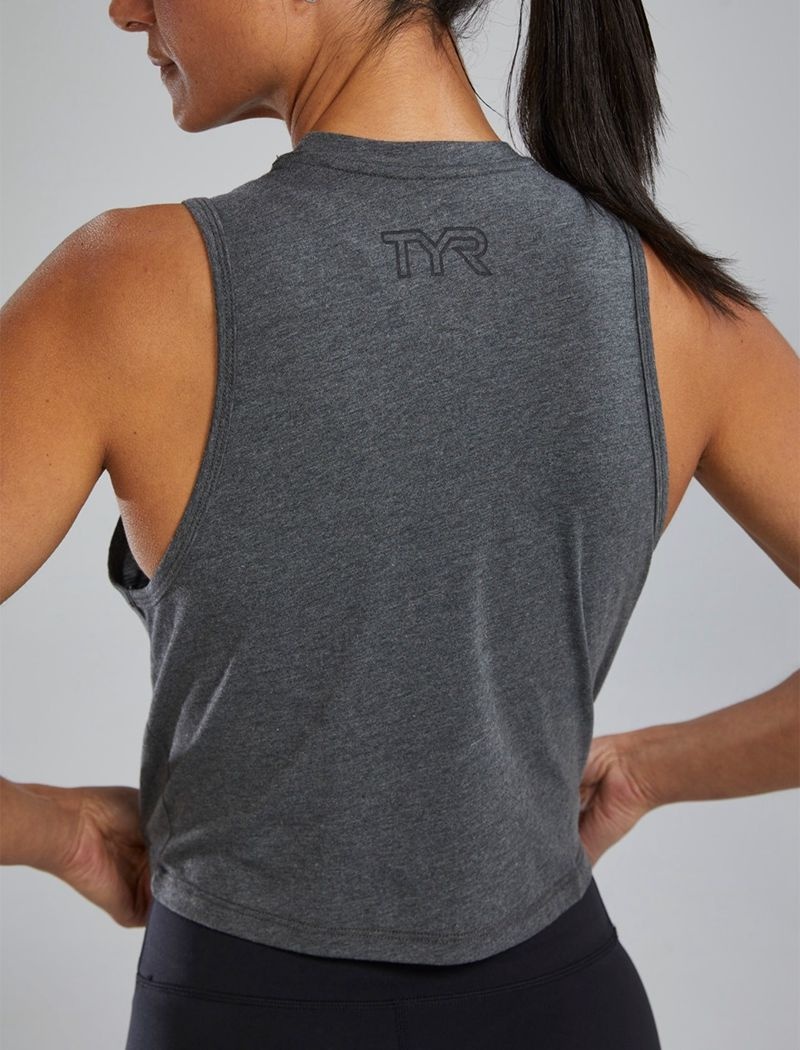 Grey / Black Tyr Ultrasoft™ Graphic Crop Distressed Women's Tanks | US-ISMW64250