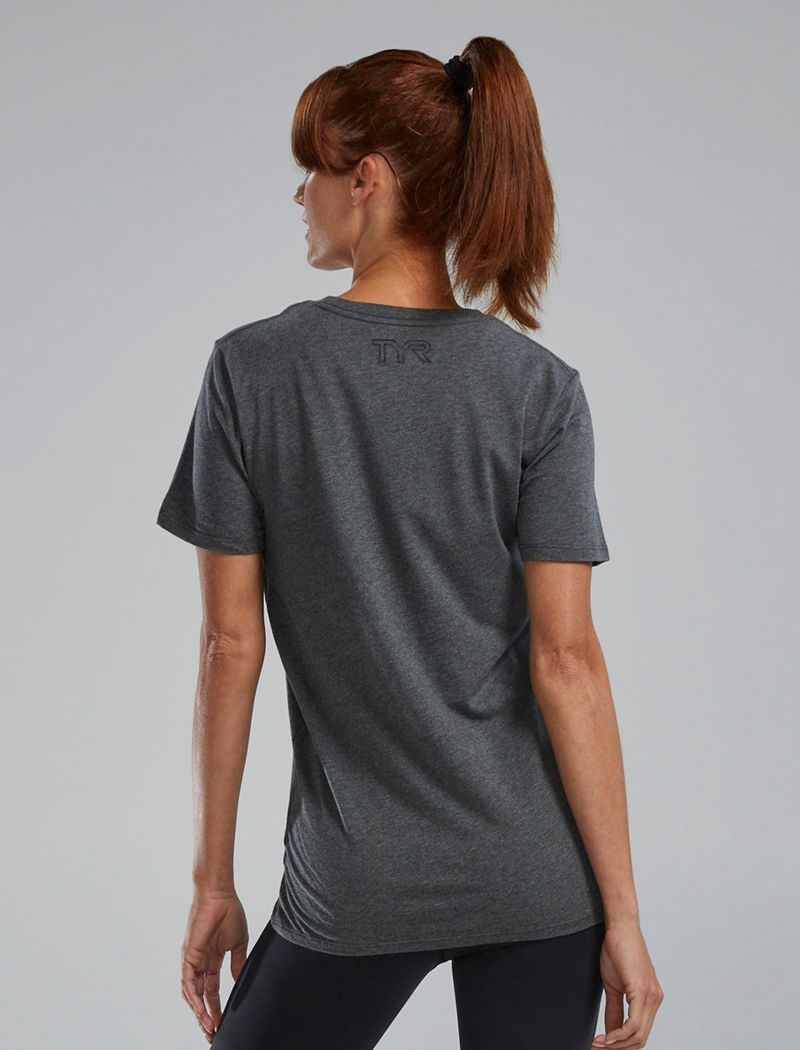 Grey / Black Tyr Ultrasoft™ Short Sleeve Graphic Distressed Women's T-Shirt | US-DUTZ03426