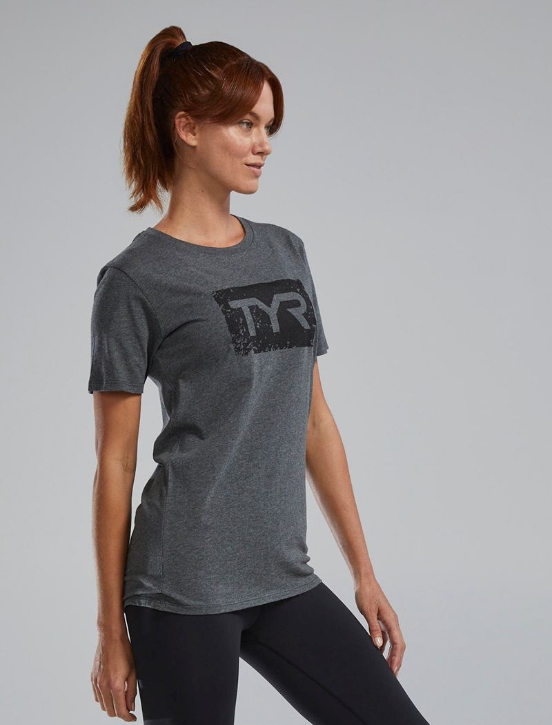 Grey / Black Tyr Ultrasoft™ Short Sleeve Graphic Distressed Women's T-Shirt | US-DUTZ03426