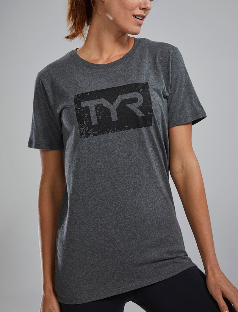 Grey / Black Tyr Ultrasoft™ Short Sleeve Graphic Distressed Women's T-Shirt | US-DUTZ03426