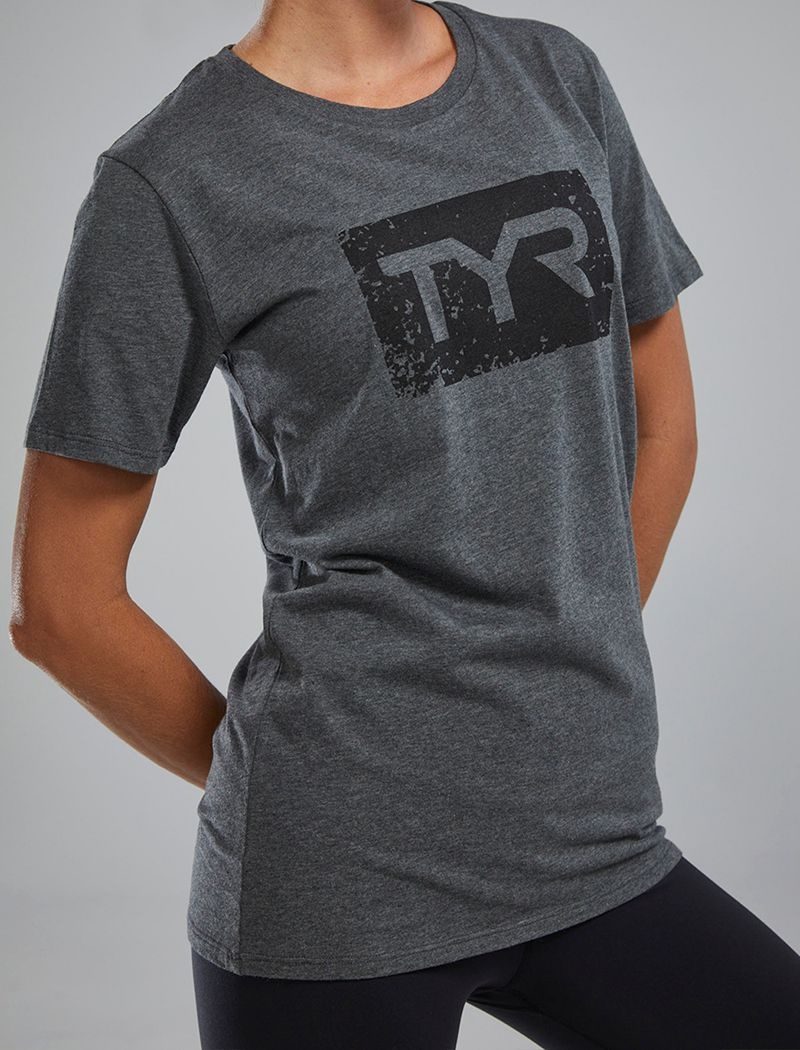 Grey / Black Tyr Ultrasoft™ Short Sleeve Graphic Distressed Women's T-Shirt | US-DUTZ03426