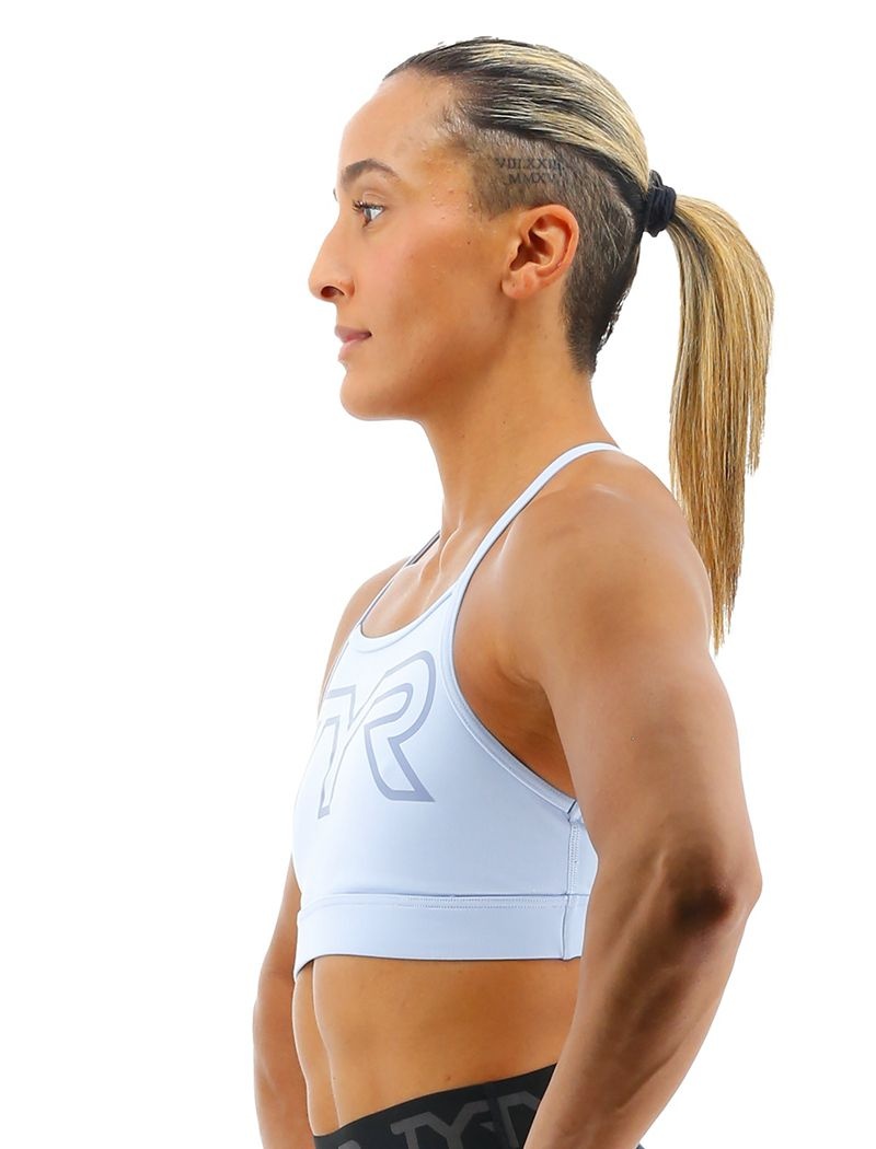 Light Blue Tyr Base Kinetic™ High Neck Big Logo Women's Sports Bra | US-OCQX75123