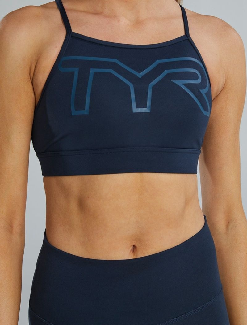 Navy Tyr Base Kinetic™ High Neck Big Logo Women's Sports Bra | US-EWZA61938