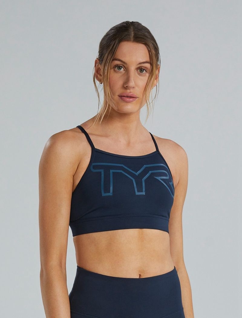 Navy Tyr Base Kinetic™ High Neck Big Logo Women\'s Sports Bra | US-EWZA61938