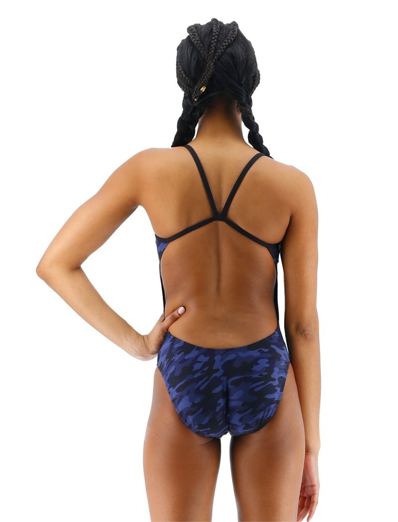 Navy Tyr Durafast Elite® Cutoutfit Camo Women's Swimsuit | US-ZVJY36752