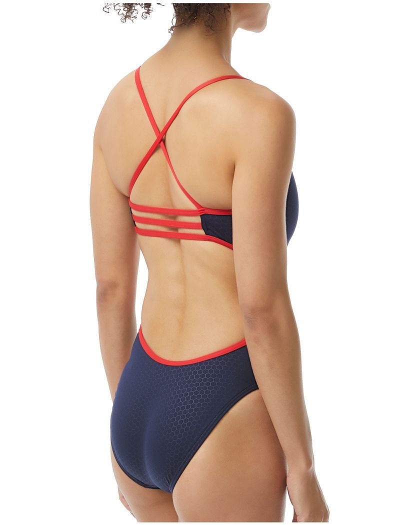 Navy / Red Tyr Durafast Elite® Trinityfit Hexa Usa Women's Swimsuit | US-OLND32807