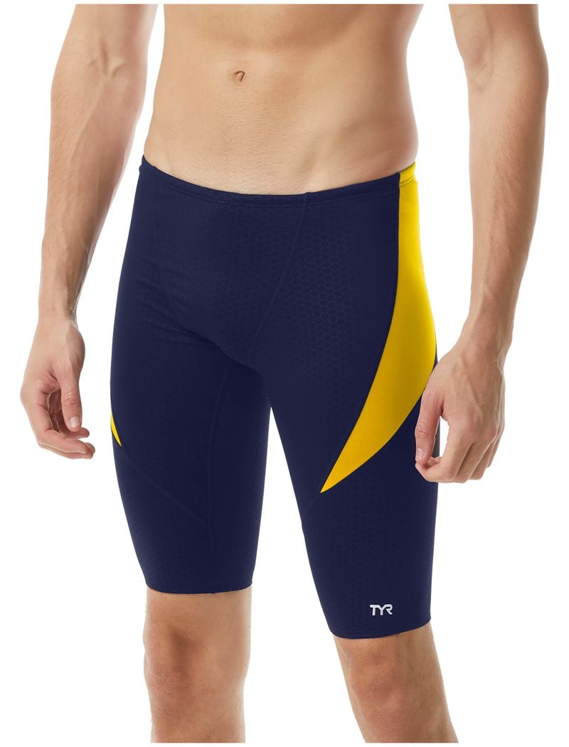 Navy / Yellow Tyr Durafast Elite® Curve Splice Jammer Hexa Men\'s Swimsuit | US-XQTM61357