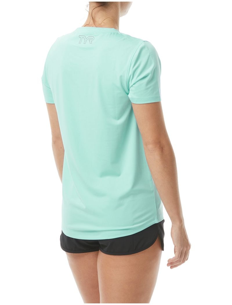 Turquoise Tyr Sundefense Short Sleeve Women's Shirts | US-UWLA42760