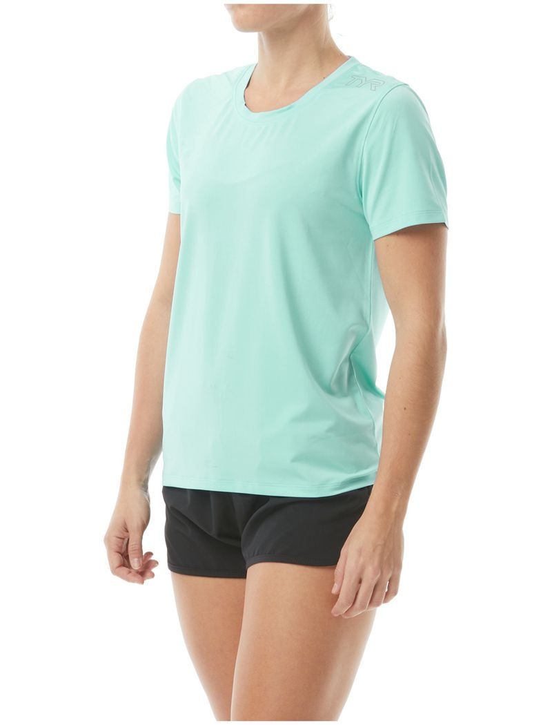 Turquoise Tyr Sundefense Short Sleeve Women\'s Shirts | US-UWLA42760