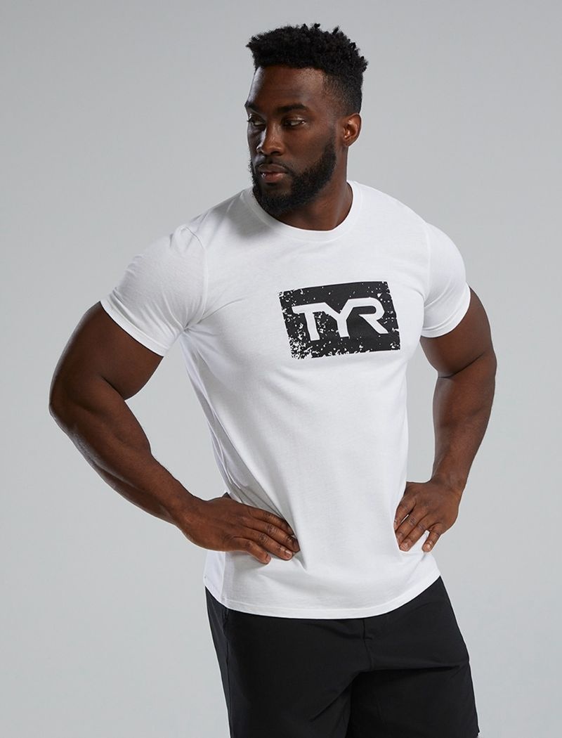 White / Black Tyr Ultrasoft™ Short Sleeve Graphic Distressed Men\'s T-Shirt | US-IAJZ42670