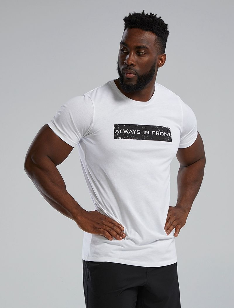 White / Black Tyr Ultrasoft™ Short Sleeve Graphic Distressed Always In Front Men's T-Shirt | US-PDRK03724