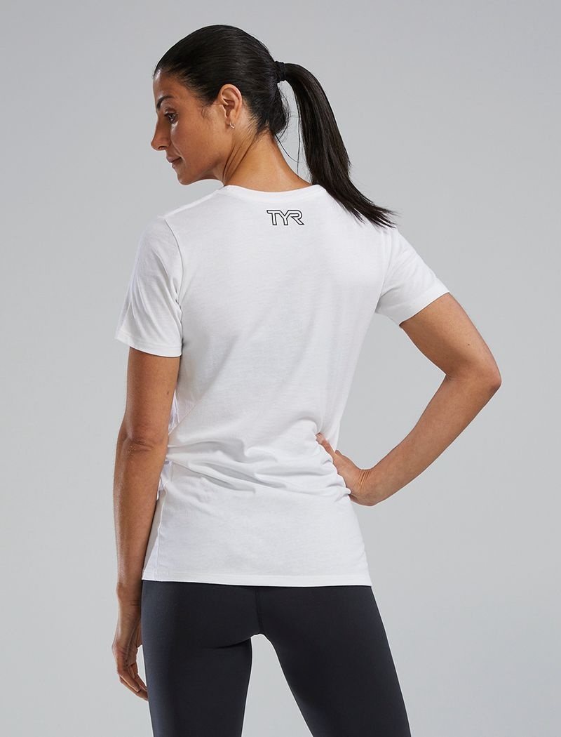 White / Black Tyr Ultrasoft™ Short Sleeve Graphic Distressed Women's T-Shirt | US-ELQS32650