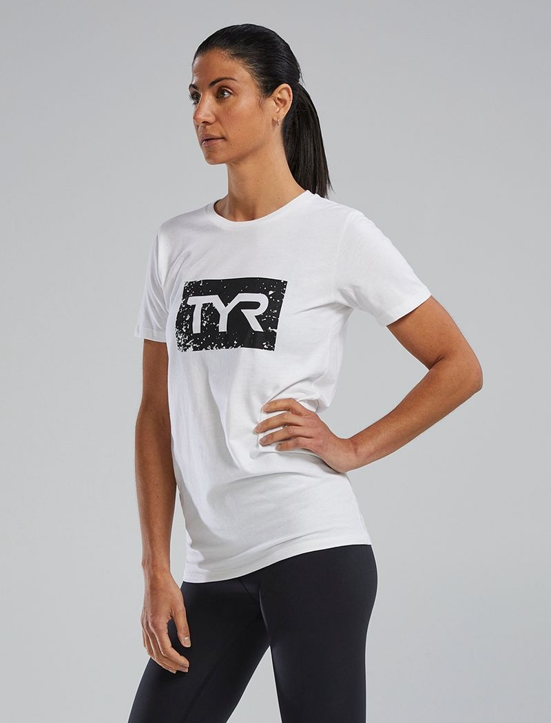 White / Black Tyr Ultrasoft™ Short Sleeve Graphic Distressed Women's T-Shirt | US-ELQS32650