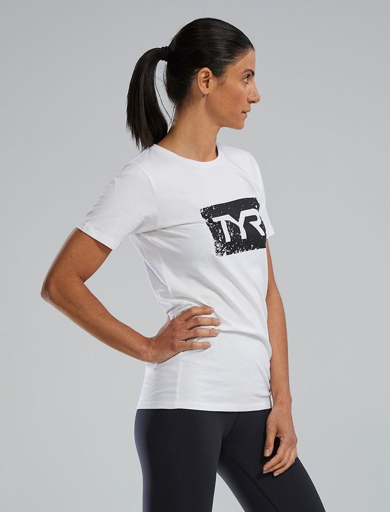 White / Black Tyr Ultrasoft™ Short Sleeve Graphic Distressed Women's T-Shirt | US-ELQS32650