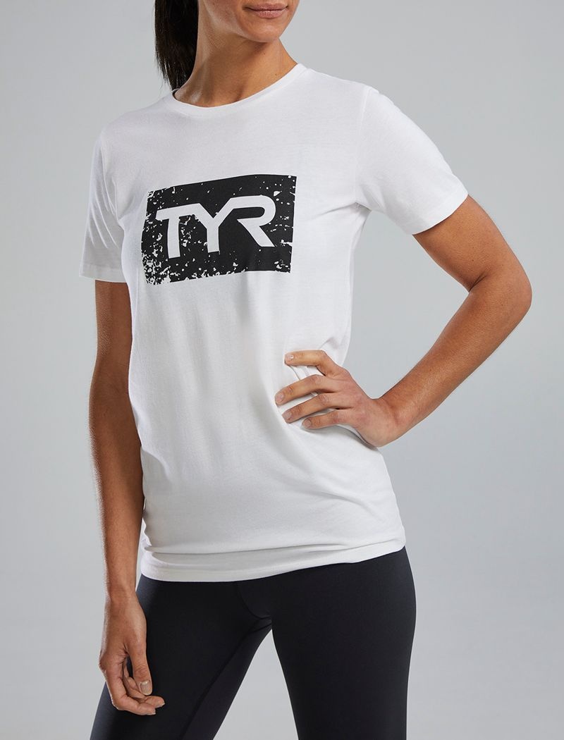 White / Black Tyr Ultrasoft™ Short Sleeve Graphic Distressed Women's T-Shirt | US-ELQS32650