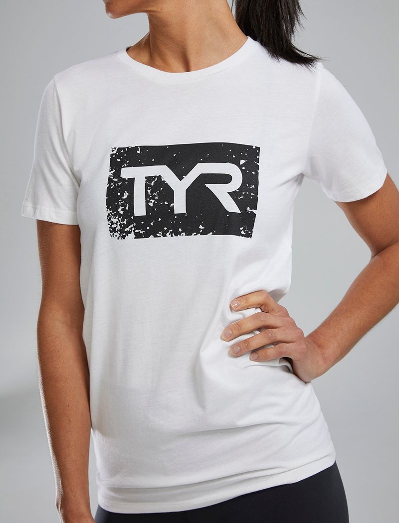 White / Black Tyr Ultrasoft™ Short Sleeve Graphic Distressed Women's T-Shirt | US-ELQS32650