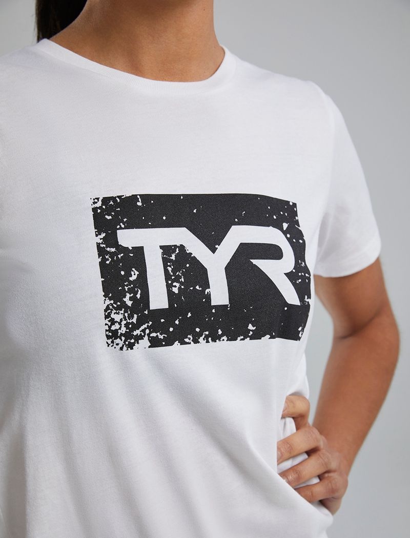 White / Black Tyr Ultrasoft™ Short Sleeve Graphic Distressed Women's T-Shirt | US-ELQS32650